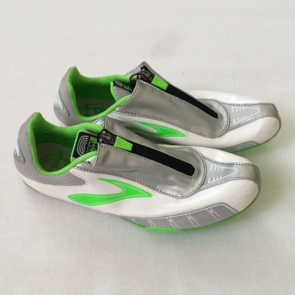 BROOKS Sprint 11.38 Zipper Track Shoes Spikes Size 9 White Green Silver